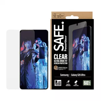 Proteção de ecrã PanzerGlass SAFE para Samsung New Galaxy S 2026 Ultra – Ultra-Wide Fit, PET + silicone, EasyAligner, transparente