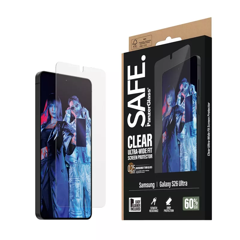 Proteção de ecrã PanzerGlass SAFE para Samsung New Galaxy S 2026 Ultra – Ultra-Wide Fit, PET + silicone, EasyAligner, transparente
