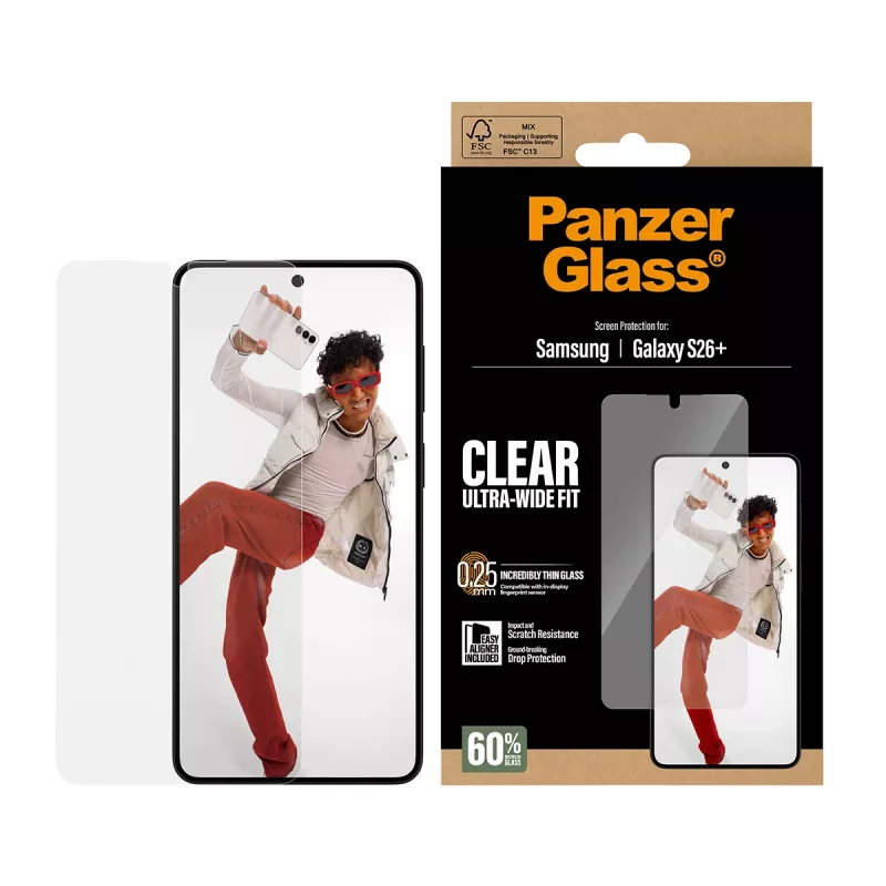 Proteção de ecrã temperado PanzerGlass para Samsung Galaxy S26+ – U-Wide Fit com EasyAligner