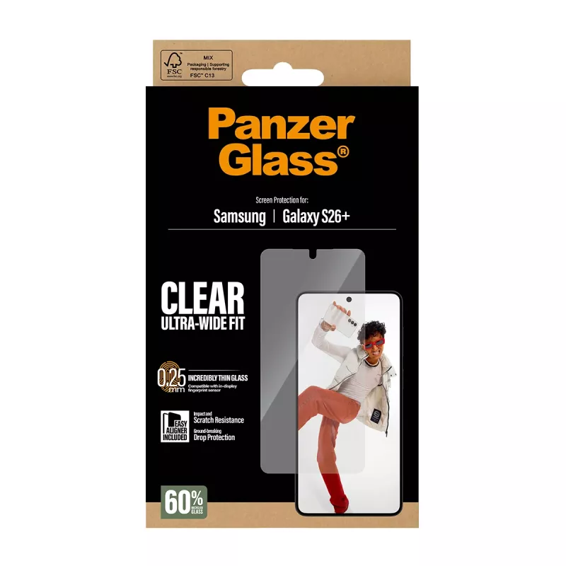 Proteção de ecrã temperado PanzerGlass para Samsung Galaxy S26+ – U-Wide Fit com EasyAligner