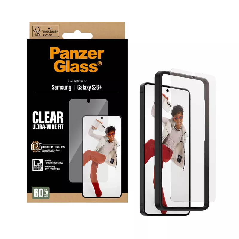 Proteção de ecrã temperado PanzerGlass para Samsung Galaxy S26+ – U-Wide Fit com EasyAligner