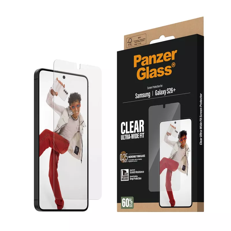 Proteção de ecrã temperado PanzerGlass para Samsung Galaxy S26+ – U-Wide Fit com EasyAligner