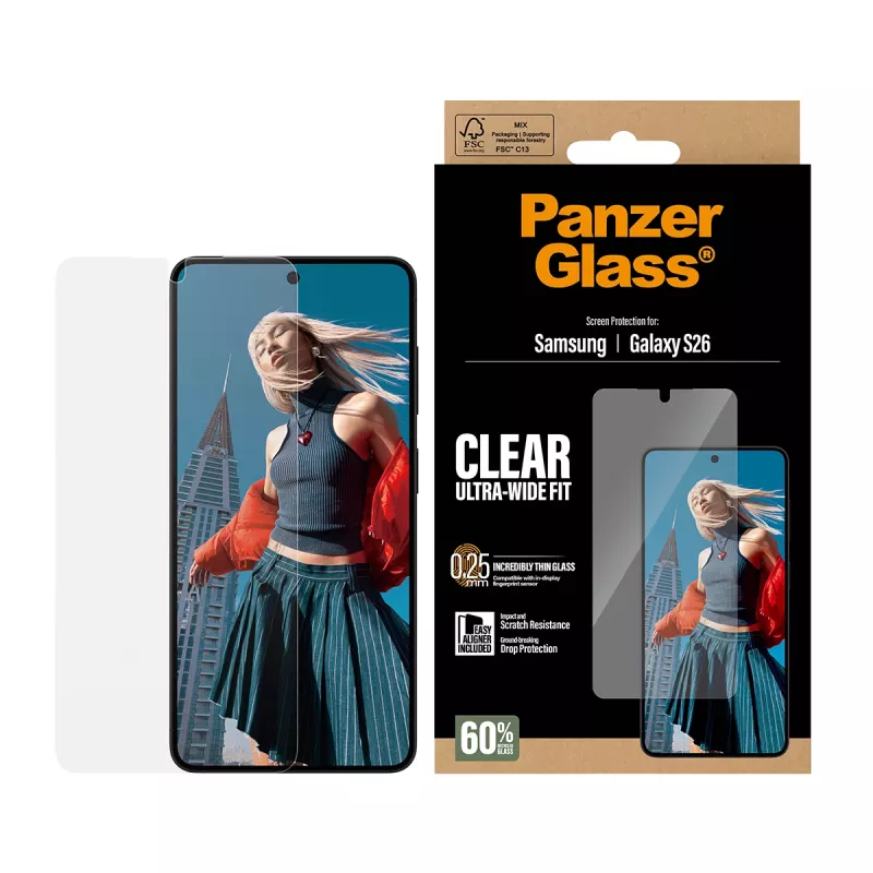 Película de proteção de ecrã PanzerGlass transparente para Samsung Galaxy S26 – Ultra-Wide Fit, PET + silicone, aplicação a seco