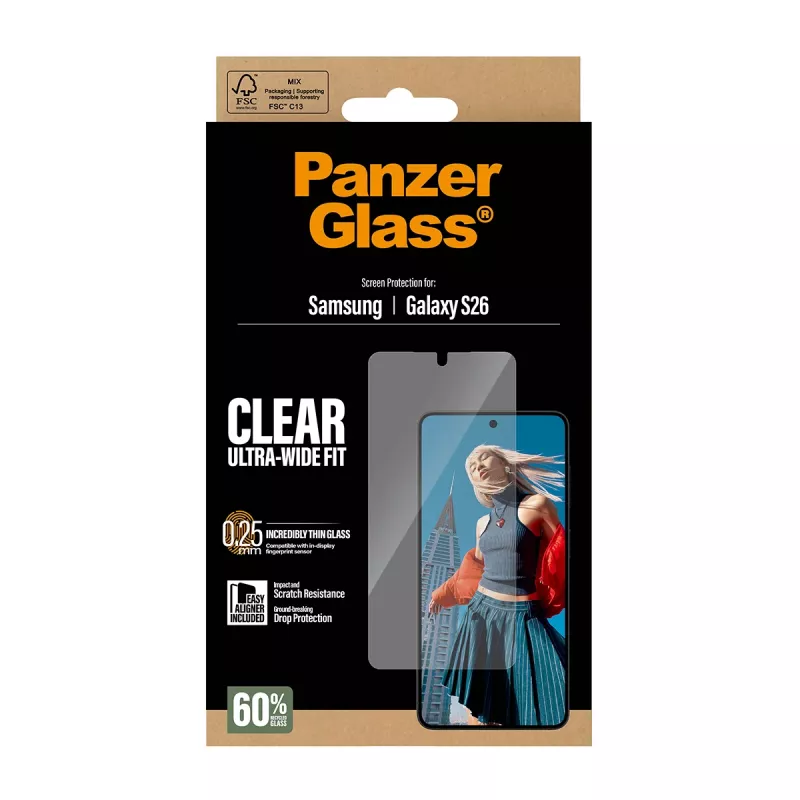 Película de proteção de ecrã PanzerGlass transparente para Samsung Galaxy S26 – Ultra-Wide Fit, PET + silicone, aplicação a seco