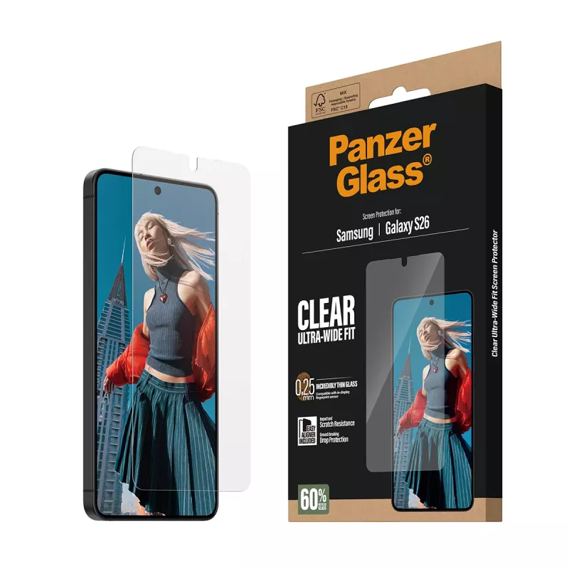 Película de proteção de ecrã PanzerGlass transparente para Samsung Galaxy S26 – Ultra-Wide Fit, PET + silicone, aplicação a seco