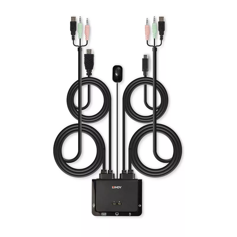 Comutador KVM Lindy 2 portas HDMI 18G, USB Type-C, USB 2.0 e áudio com cabos