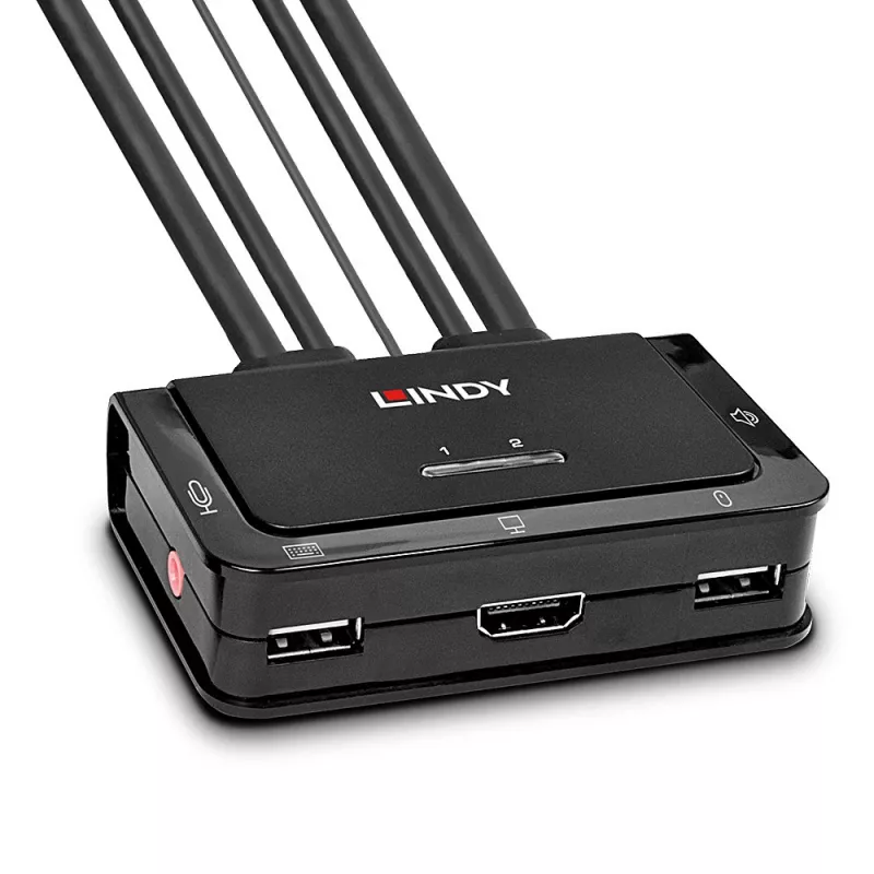 Lindy Switch KVM de 2 portas, HDMI 4K60, USB 2.0 e áudio, cabo, preto