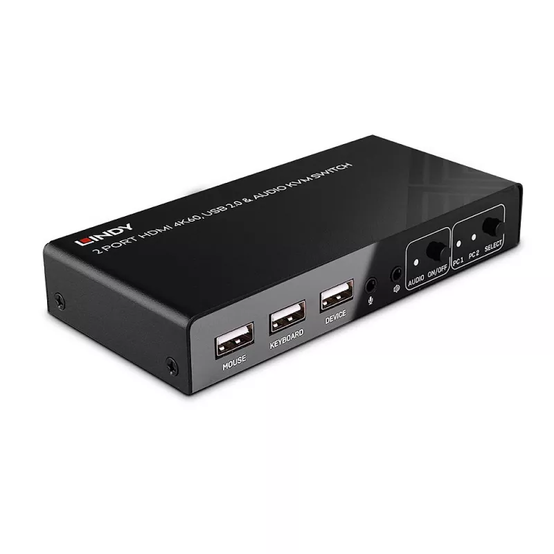 Comutador KVM Lindy 2 portas HDMI 4K60, USB 2.0 e áudio, 4096 x 2160 píxeis, 4K Ultra HD, preto