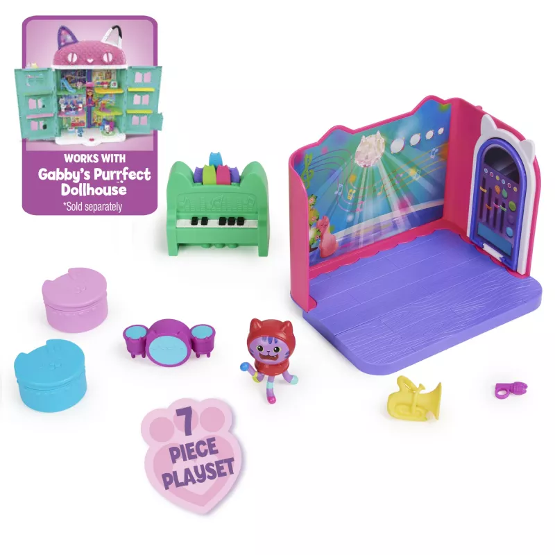 Gabbys Dollhouse, sala de música Groovy com figura Daniel James Catnip, 2 acessórios, 2 peças de mobiliário e 2 entregas, brinquedo para crianças a partir dos 3 anos