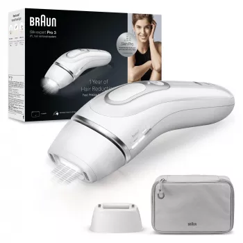 Aparelho de depilação a luz pulsada BRAUN Silk‑expert Pro 3 PL3020 — Prateado/Branco, alimentação elétrica, acessórios para rosto e corpo