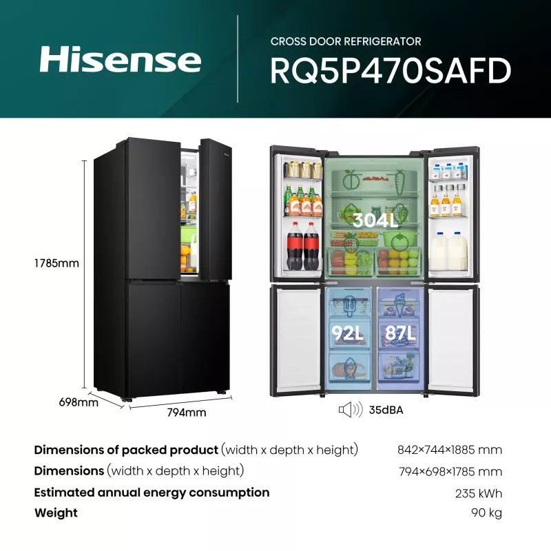Hisense RQ5P470SAFD de instalação livre 483 L preto, aço inoxidável