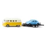 Conjunto de modelos de automóveis Siku VW T1 com atrelado e VW Carocha, pré-montado 1:50, tamanho 42×200×51 mm