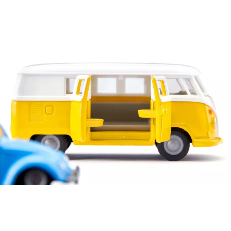 Conjunto de modelos de automóveis Siku VW T1 com atrelado e VW Carocha, pré-montado 1:50, tamanho 42×200×51 mm