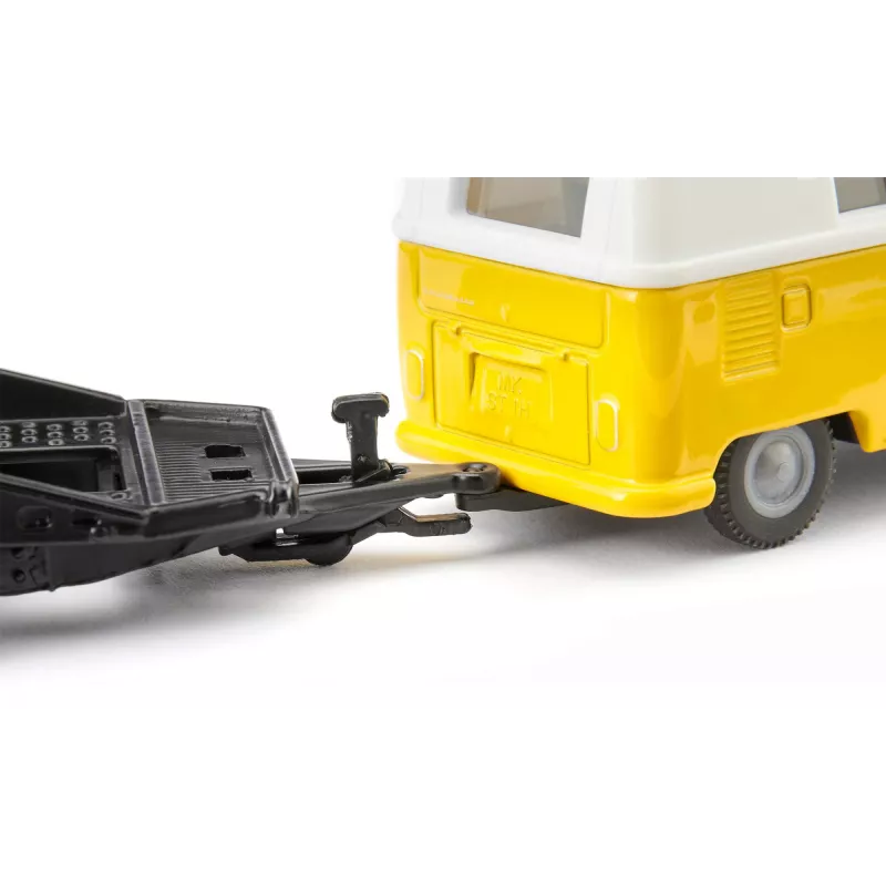 Conjunto de modelos de automóveis Siku VW T1 com atrelado e VW Carocha, pré-montado 1:50, tamanho 42×200×51 mm