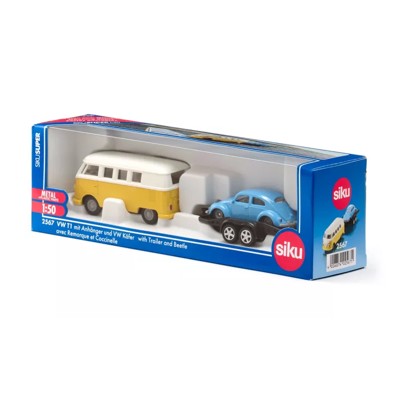 Conjunto de modelos de automóveis Siku VW T1 com atrelado e VW Carocha, pré-montado 1:50, tamanho 42×200×51 mm