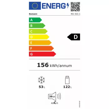 Frigorífico independente BOMANN KG 322.1, 175 L volume total, aço inoxidável, compartimento de refrigeração 122 L + compartimento de congelação 53 L, classe D, 39 dB