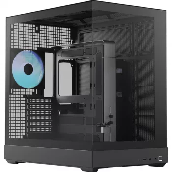 Caixa torre APNX V2-F-BK-v1 com três painéis de vidro temperado, preta