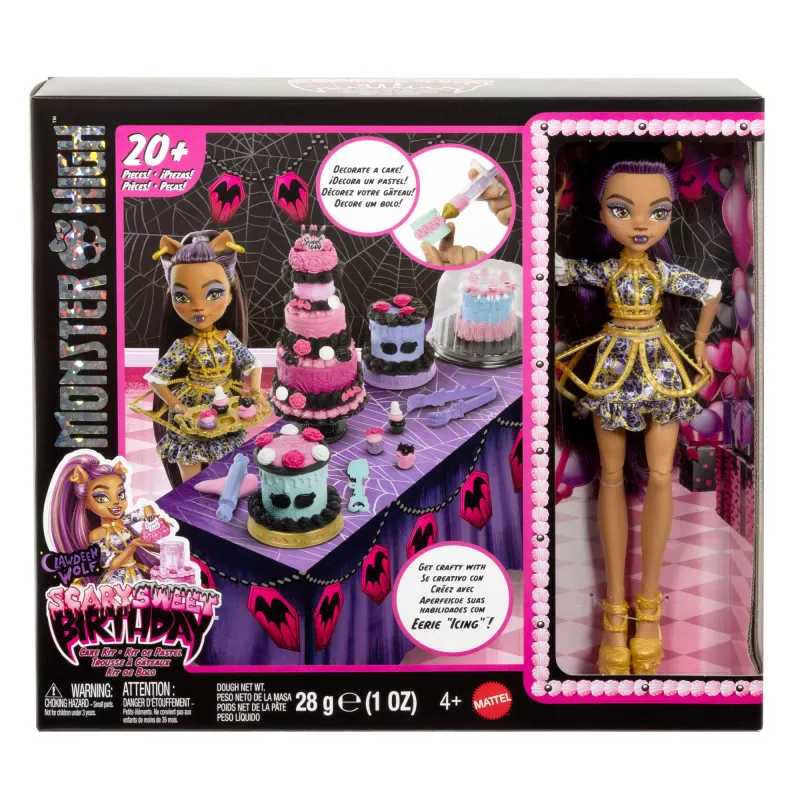 Monster High Scary Sweet Birthday Cake Kit com boneca Clawdeen Wolf e mais de 20 acessórios de decoração