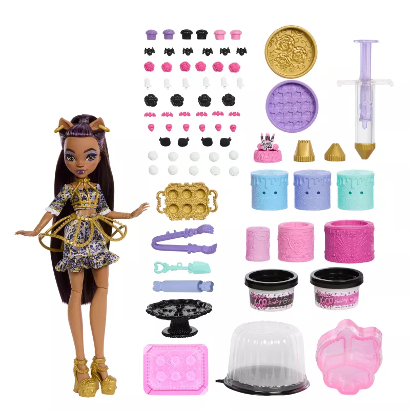 Monster High Scary Sweet Birthday Cake Kit com boneca Clawdeen Wolf e mais de 20 acessórios de decoração