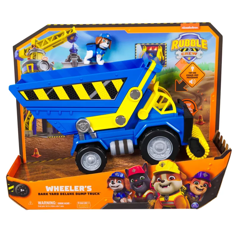 Rubble & Crew, Bark Yard Deluxe Camião basculante Veículo de construção com luzes, sons e figura de ação Wheeler, brinquedo para rapazes e raparigas a partir dos 3 anos