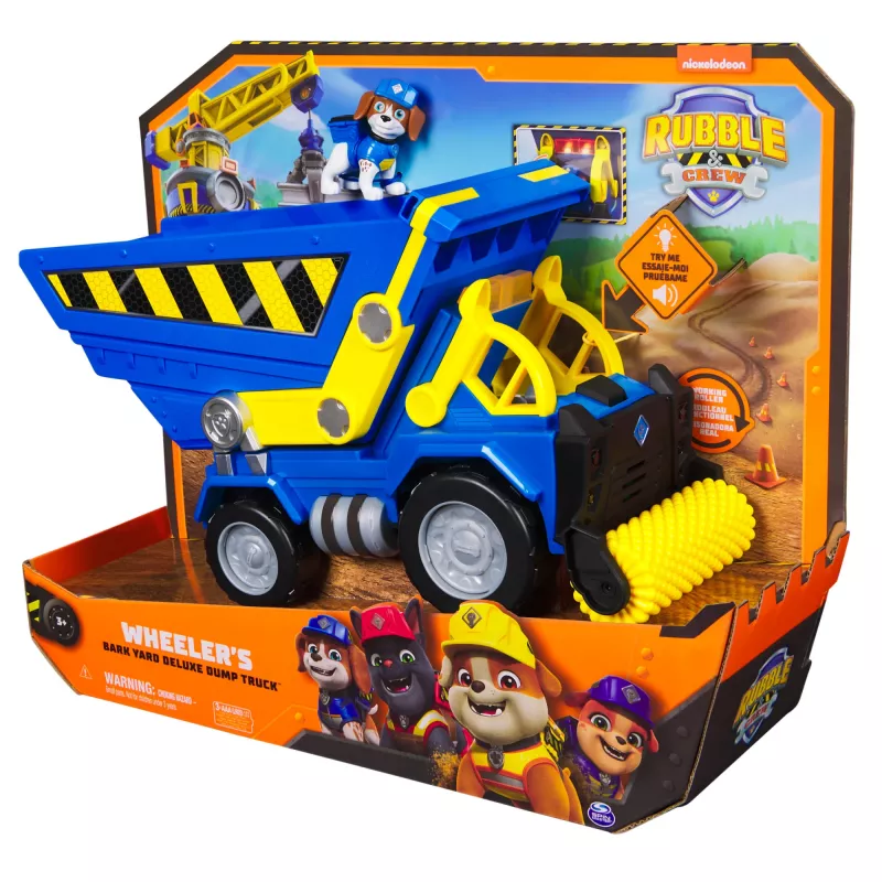 Rubble & Crew, Bark Yard Deluxe Camião basculante Veículo de construção com luzes, sons e figura de ação Wheeler, brinquedo para rapazes e raparigas a partir dos 3 anos