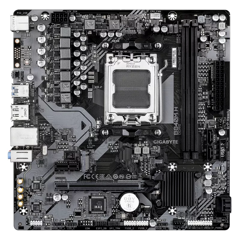 Placa-mãe GIGABYTE B840M H - CPUs AMD Ryzen 9000, VRM 5+2+2 fases, até 7200 MHz DDR5 (OC), 1xPCIe 4.0 M.2, LAN 1GbE, USB 3.2 Gen 1