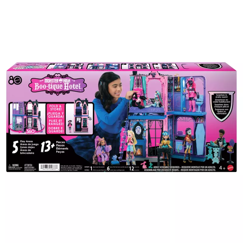 Monster High Boo-tique Hotel casa de bonecas com surpresas assustadoras em cada quarto e mais de 13 acessórios
