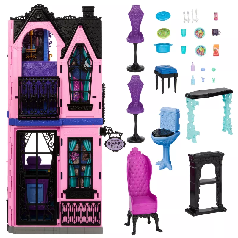 Monster High Boo-tique Hotel casa de bonecas com surpresas assustadoras em cada quarto e mais de 13 acessórios