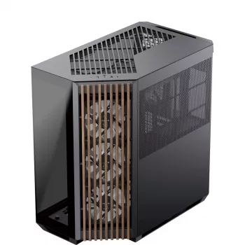 Caixa de torre APNX V1-W-BK-v3 com dois painéis laterais em vidro temperado e revestimento em madeira, preto