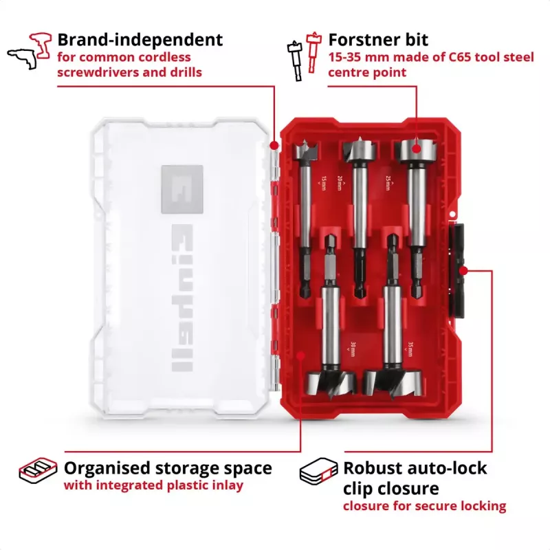 Conjunto de brocas Forstner Einhell-KWB 5 peças, vermelho/transparente, encabadouro 1/4 polegadas, M-CASE (MPN 706003)