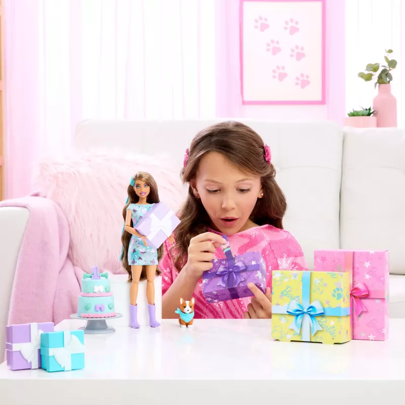 Barbie Party Unboxed Pet Birthday Series boneca e acessórios, conjunto Party Stars com 10 surpresas