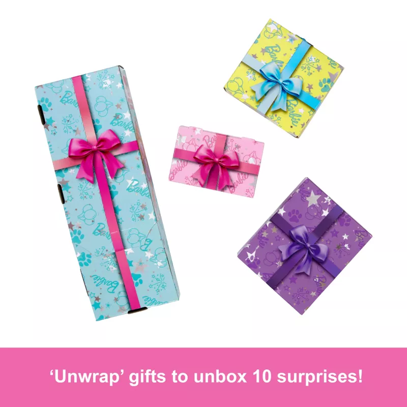 Barbie Party Unboxed Pet Birthday Series boneca e acessórios, conjunto Geburtstags-Schleifen com 10 surpresas