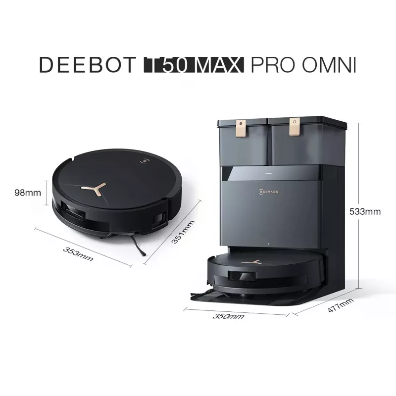 Aspirador robô Ecovacs Deebot T50 MAX PRO OMNI Gen2 — potência de aspiração 18500 Pa, 180 min de autonomia, preto