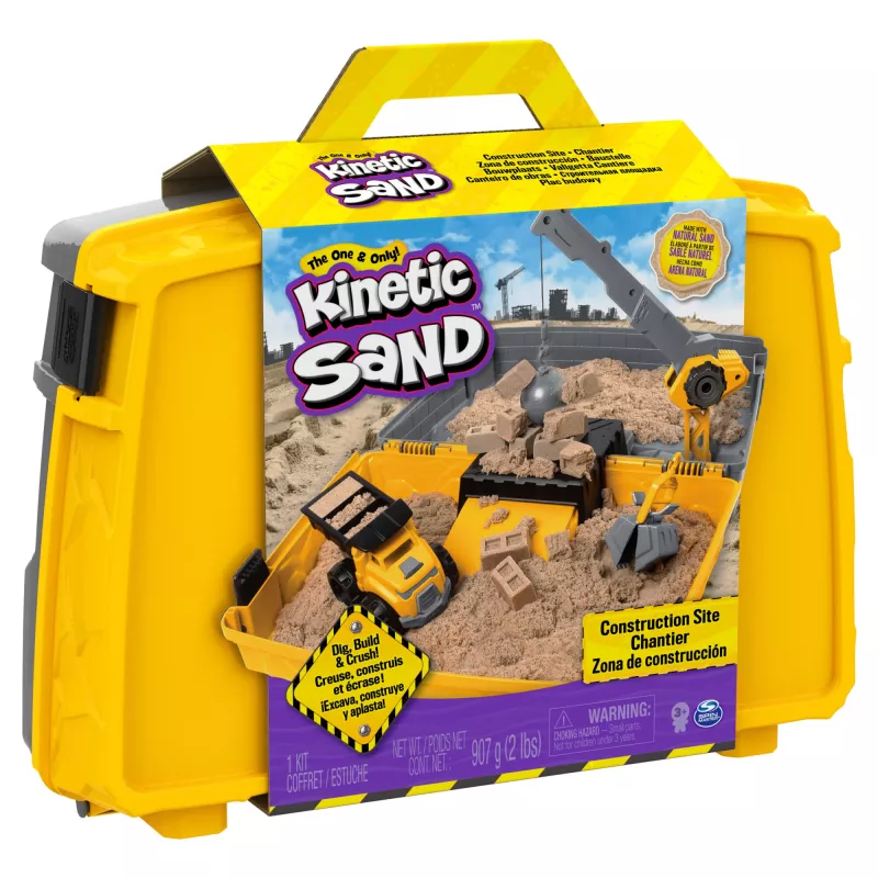 Kinetic Sand, Caixa de Brincar Dobrável com Veículo de Construção com 907 g de areia cinética e camião de brinquedo, caixa de armazenamento, brinquedo sensorial, presentes de Natal para crianças a partir dos 3 anos