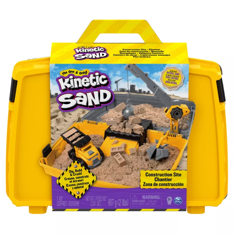 Kinetic Sand, Caixa de Brincar Dobrável com Veículo de Construção com 907 g de areia cinética e camião de brinquedo, caixa de armazenamento, brinquedo sensorial, presentes de Natal para crianças a partir dos 3 anos