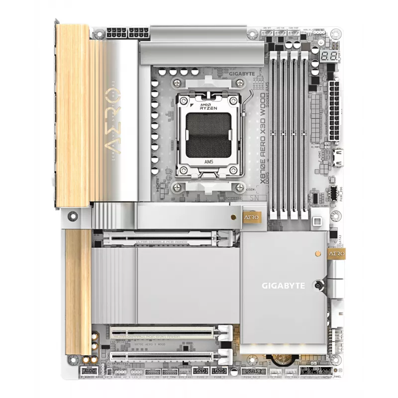 Motherboard GIGABYTE X870E AERO X3D WOOD - Suporta CPUs AMD Ryzen 9000, VRM Digital 16+2+2 fases, até 9000MHz DDR5 (OC), 2xPCIe 5.0 + 2xPCIe 4.0, Wi-Fi 7, 5GbE LAN, USB 4