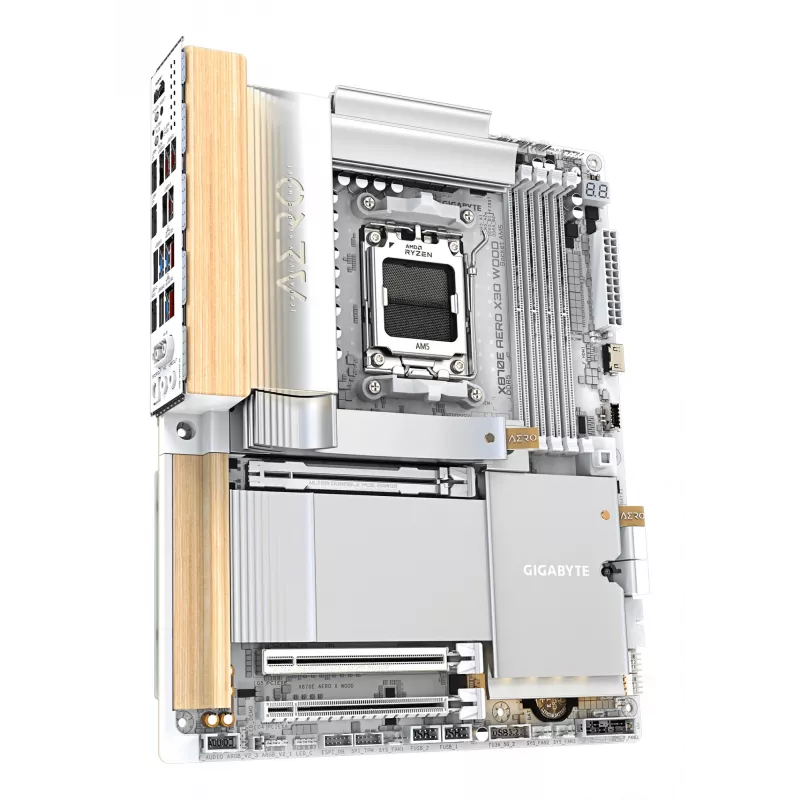 Motherboard GIGABYTE X870E AERO X3D WOOD - Suporta CPUs AMD Ryzen 9000, VRM Digital 16+2+2 fases, até 9000MHz DDR5 (OC), 2xPCIe 5.0 + 2xPCIe 4.0, Wi-Fi 7, 5GbE LAN, USB 4