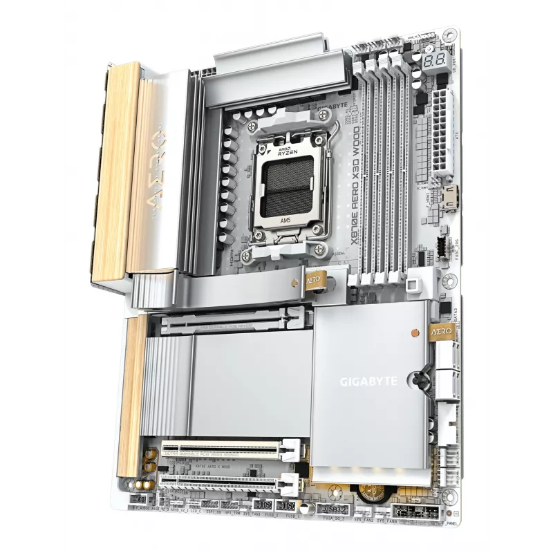Motherboard GIGABYTE X870E AERO X3D WOOD - Suporta CPUs AMD Ryzen 9000, VRM Digital 16+2+2 fases, até 9000MHz DDR5 (OC), 2xPCIe 5.0 + 2xPCIe 4.0, Wi-Fi 7, 5GbE LAN, USB 4