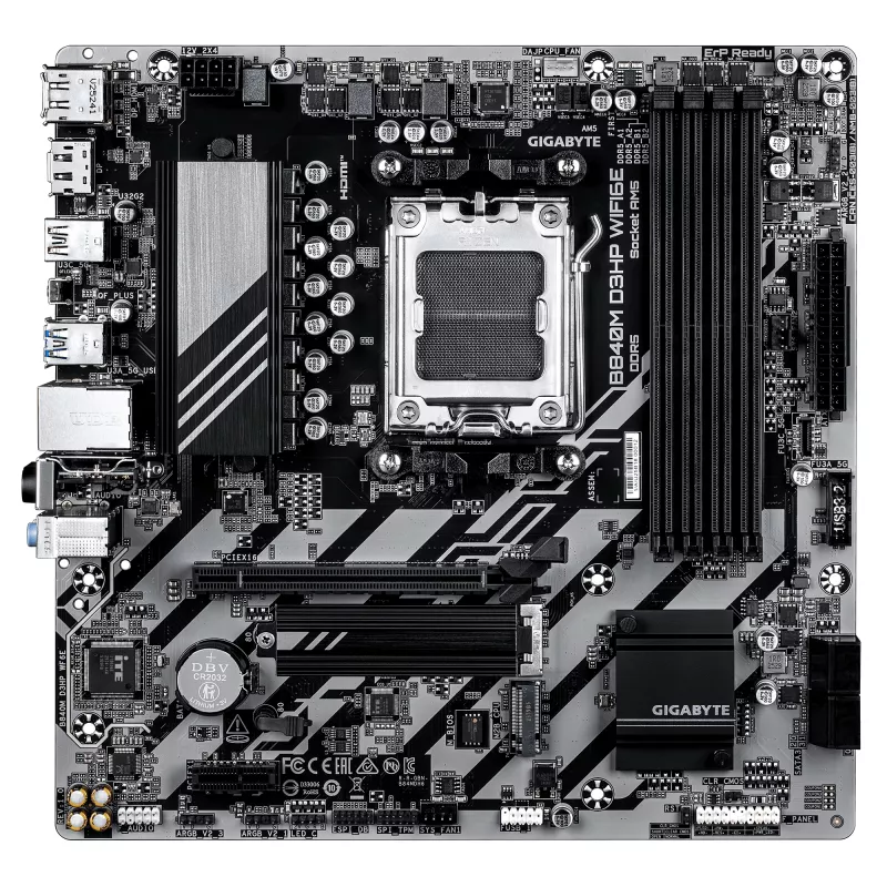 Motherboard GIGABYTE B840M D3HP WIFI6E Micro ATX — Socket AMD AM5, B840, 4x DDR5 até 8200MHz OC, 2x PCIe 4.0 M.2, Wi‑Fi 6E, 1GbE