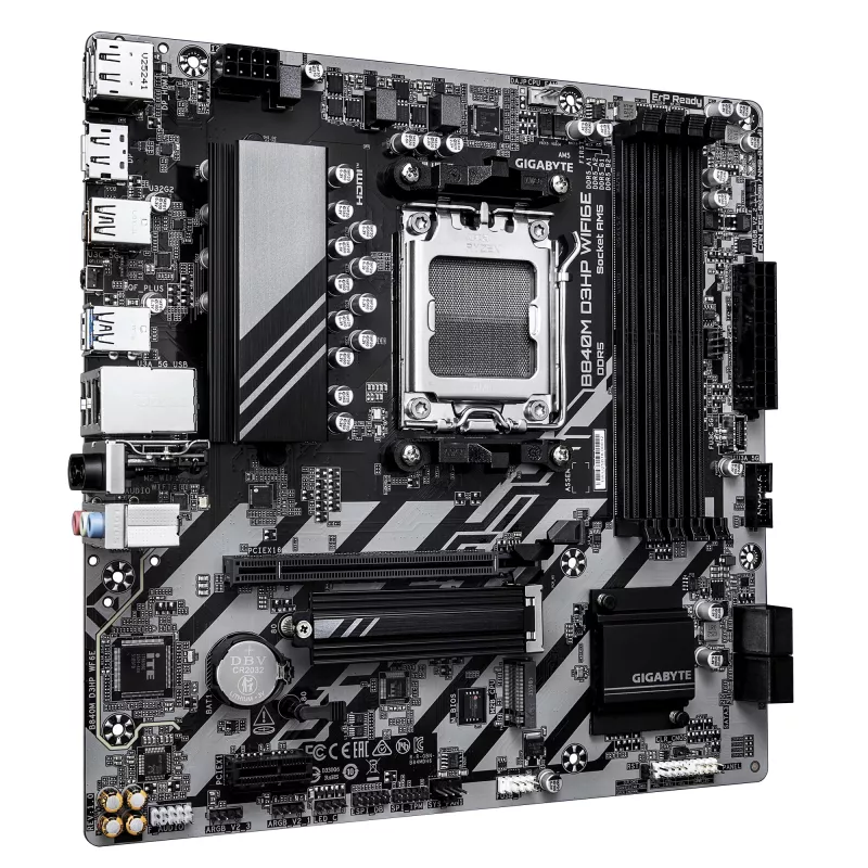 Motherboard GIGABYTE B840M D3HP WIFI6E Micro ATX — Socket AMD AM5, B840, 4x DDR5 até 8200MHz OC, 2x PCIe 4.0 M.2, Wi‑Fi 6E, 1GbE