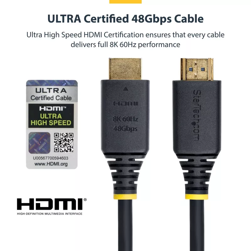 StarTech.com Cabo HDMI Ultra High Speed certificado de 1m (3ft), 8K 60Hz/4K 120Hz, cabo HDMI 2.1 com HDR10+ / eARC, 48Gbps, cabo HDMI 8K para monitor/TV/ecrã, revestimento TPE flexível