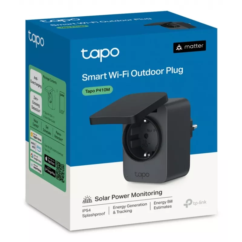 Ficha inteligente TP-Link Tapo P410M – tomada Wi-Fi exterior, 3680 W, 200–250 V, preta