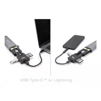 Leitor de cartões DELOCK USB 5 Gbps com ranhuras SD e MicroSD, USB 3.2 Gen 1 Type-A/Type-C, cabo e adaptador, preto/cinzento