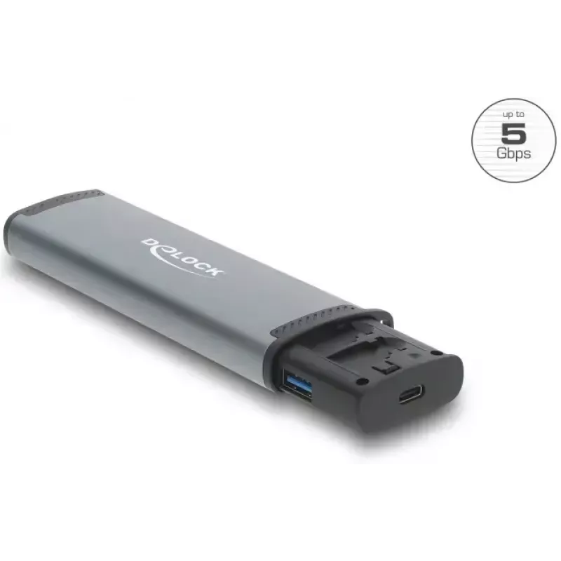 Leitor de cartões DELOCK USB 5 Gbps com ranhuras SD e MicroSD, USB 3.2 Gen 1 Type-A/Type-C, cabo e adaptador, preto/cinzento