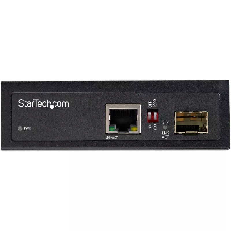 Conversor de suporte de fibra ótica para Ethernet industrial StarTech.com – 10/100/1000 Mbit/s SFP para RJ45/Cat6 – fibra ótica monomodo/multimodo para rede Gigabit de cobre – 12-56V DC – IP-30/ -40 a +75°C