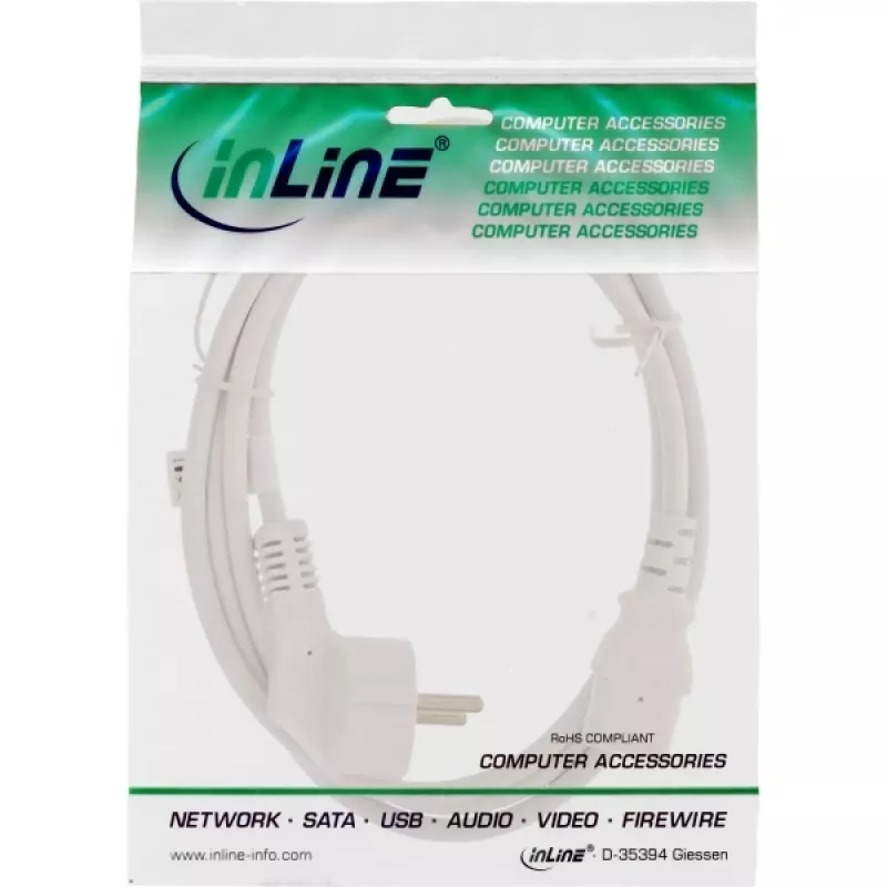 Cabo de alimentação InLine, CEE 7/7 angular / ficha IEC C13 de 3 polos, branco, 1,8 m