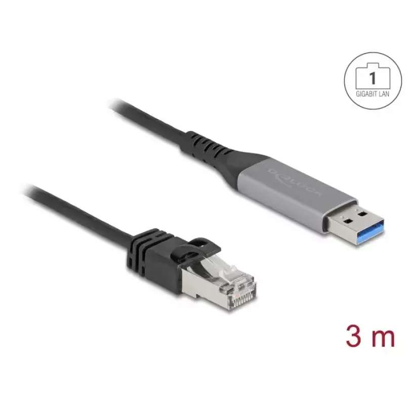 Cabo de rede DELOCK USB Type-A para RJ45 Gigabit Ethernet Cat6, 3 m, antracite/preto