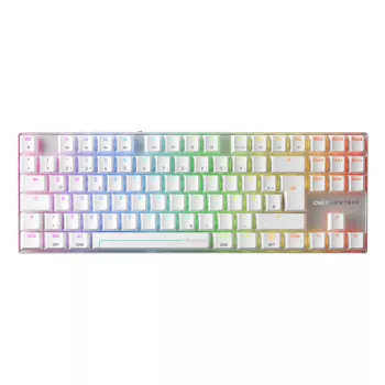 Teclado gaming sem fios CHERRY MX 8.2 Pro TMR — tenkeyless, QWERTZ alemão, USB + RF + Bluetooth, RGB, prateado/branco