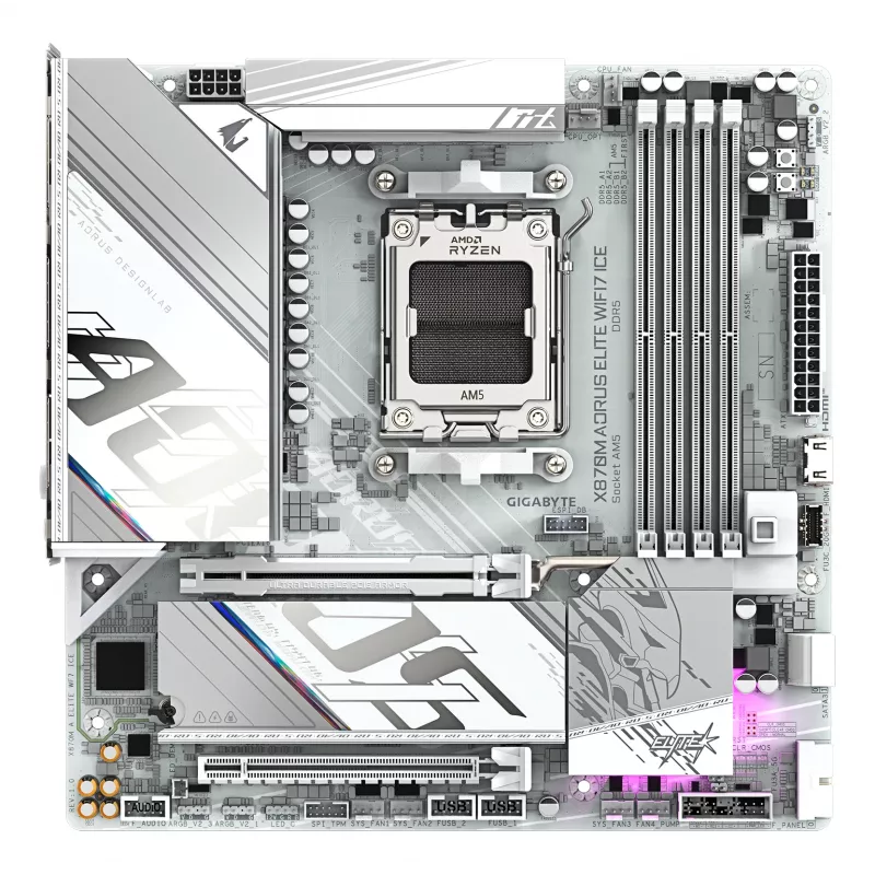 Placa-mãe GIGABYTE X870M AORUS ELITE WIFI7 ICE — Micro ATX, AMD X870, socket AM5, DDR5 até 8200MHz (O.C), 14+2+2 VRM, PCIe 5.0, Wi‑Fi 7, 2,5 GbE, USB4