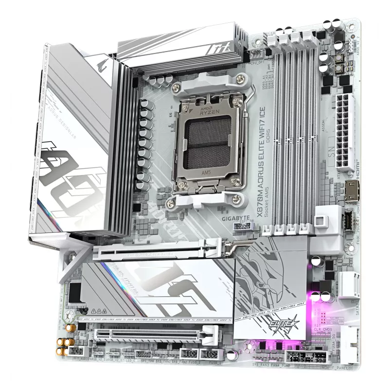 Placa-mãe GIGABYTE X870M AORUS ELITE WIFI7 ICE — Micro ATX, AMD X870, socket AM5, DDR5 até 8200MHz (O.C), 14+2+2 VRM, PCIe 5.0, Wi‑Fi 7, 2,5 GbE, USB4
